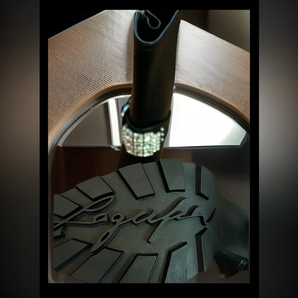 Karl Lagerfeld Mable Lug-Sole Heeled Black Boot W/Crystal & Polished Studs Strap